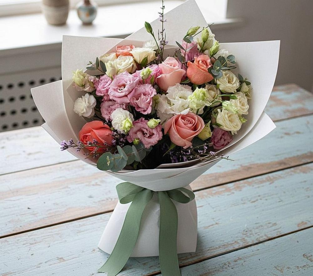 Букет цветов из: Розы, Лизиантусы и Гвоздики в Камбулате